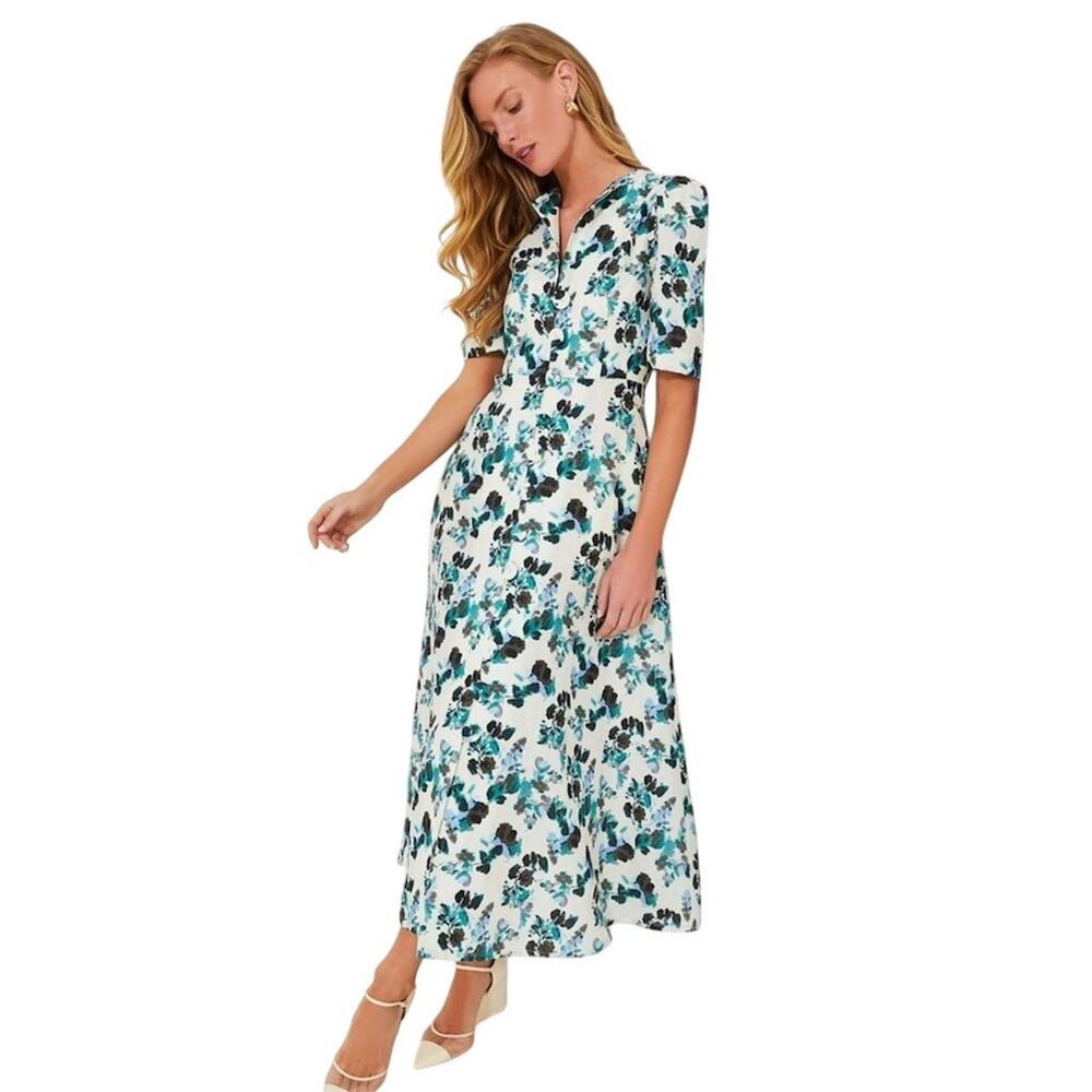 Tuckernuck White Floral Midi Dress with Teal and Black Accents
